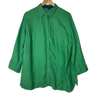 Lauren Ralph Lauren Womens Plus Size 1X Green‎ Linen Tunic Crest Shirt
